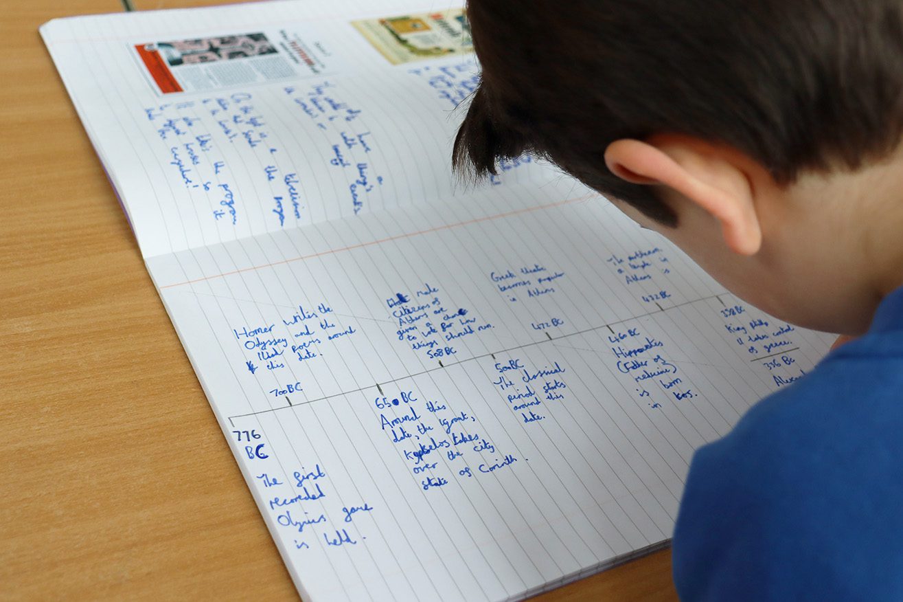 IMG_8598 pupil writing/drawing a Greek history timeline