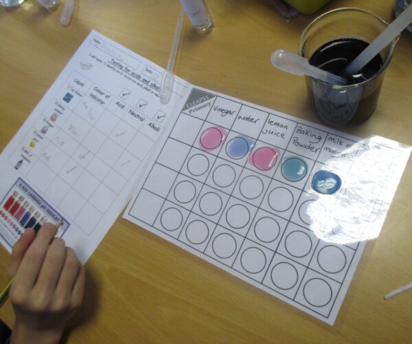 laminated card on table showing a completed science experiment of whether a liquid is an acidic or alkaline
